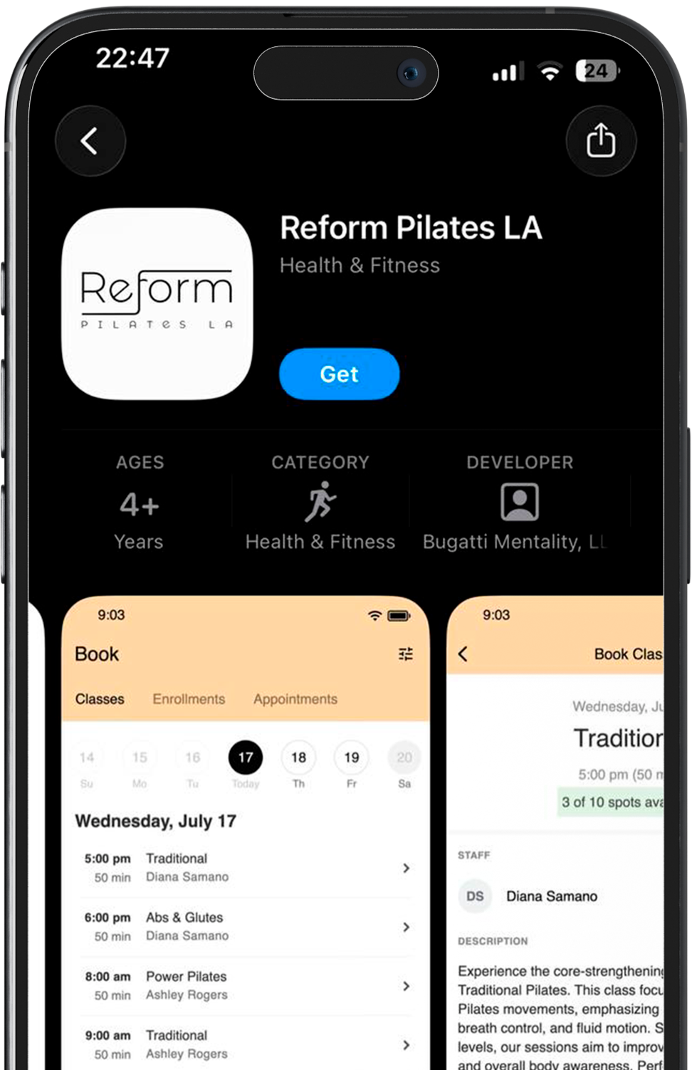 Reform Pilates mobile app for booking classes